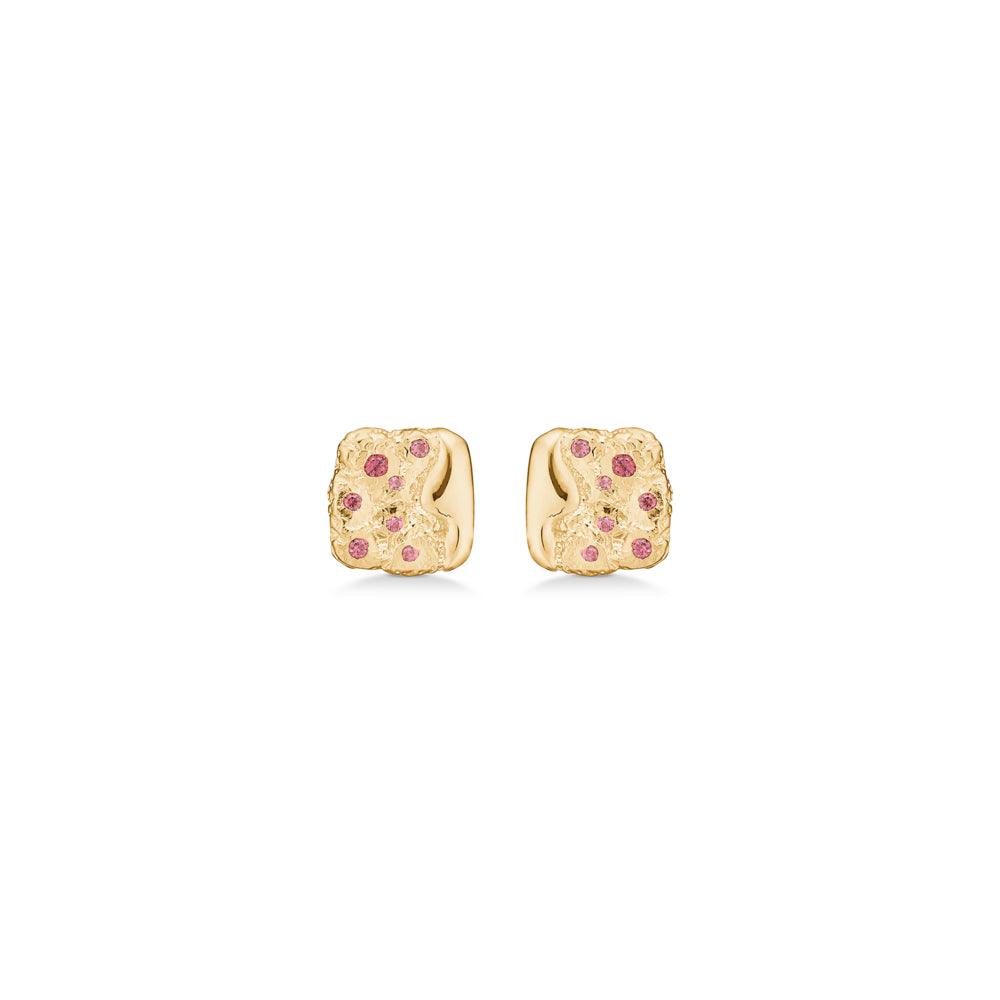 studio z gold-plated edge earrings with red zirconia, two small, square gold earrings adorned with red stones. Model 7217889-1
