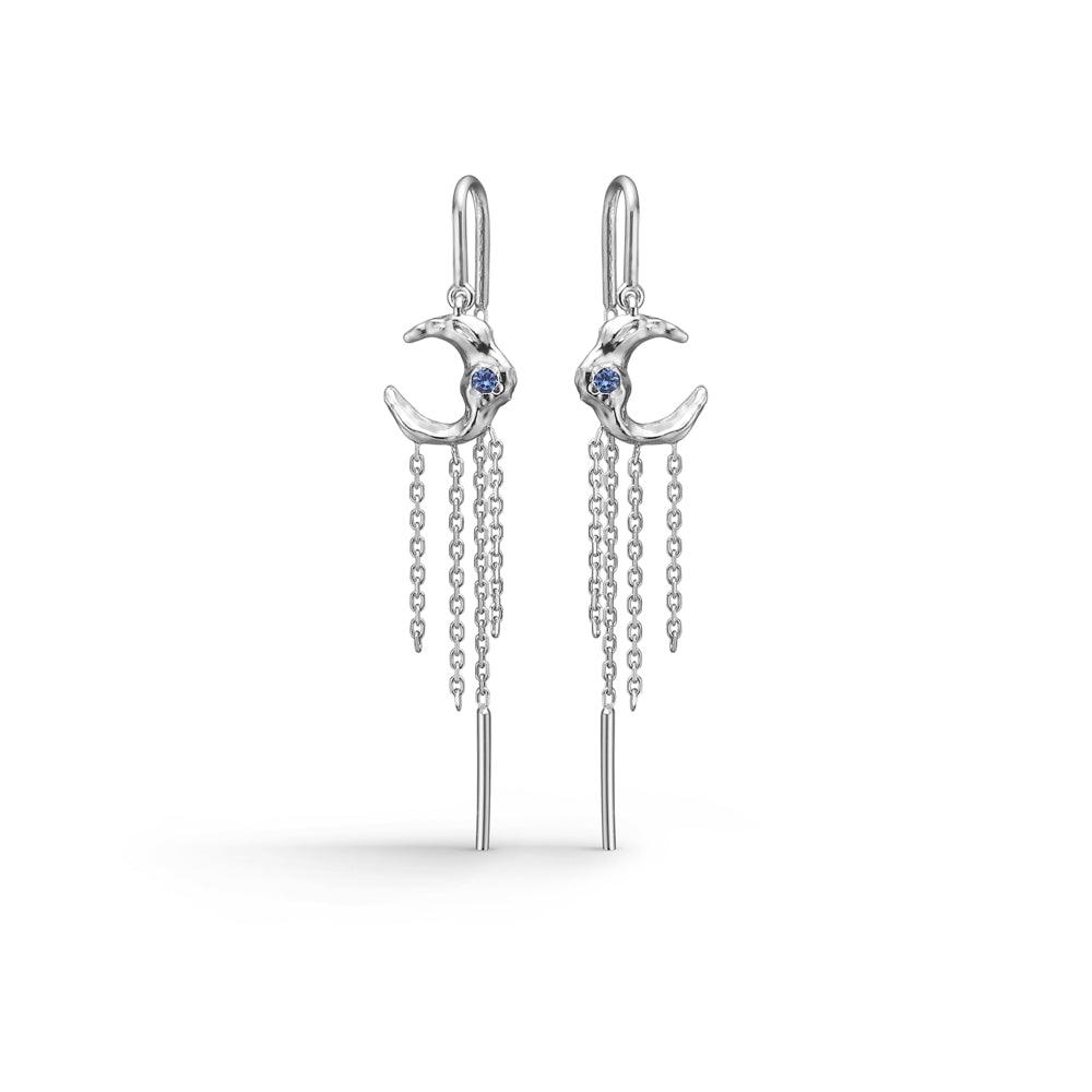 Studio Z Lunar Solv Earrings, silver earrings with moon shape, blue stone and chain. Model 7107881-1
