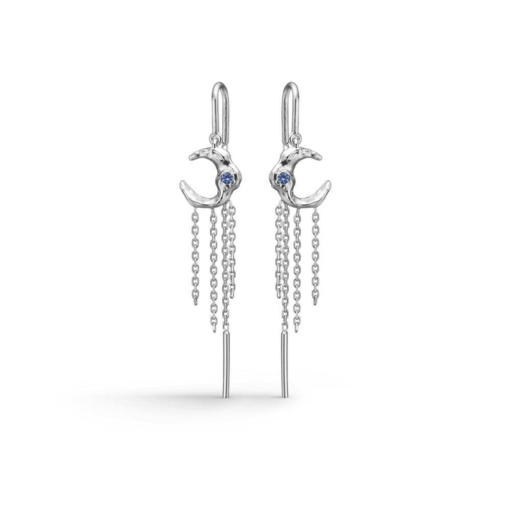 Studio Z Lunar Solv Earrings, silver earrings with moon shape, blue stone and chain. Model 7107881-1