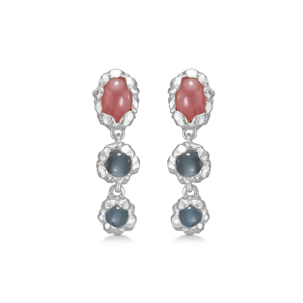 Studio Z Magma Earrings with silver frame, red stone at the top and two gray stones, Model 7117834-1.