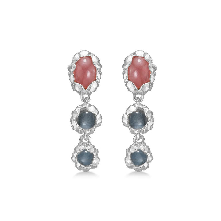 Studio Z Magma Earrings with silver frame, red stone at the top and two gray stones, Model 7117834-1.
