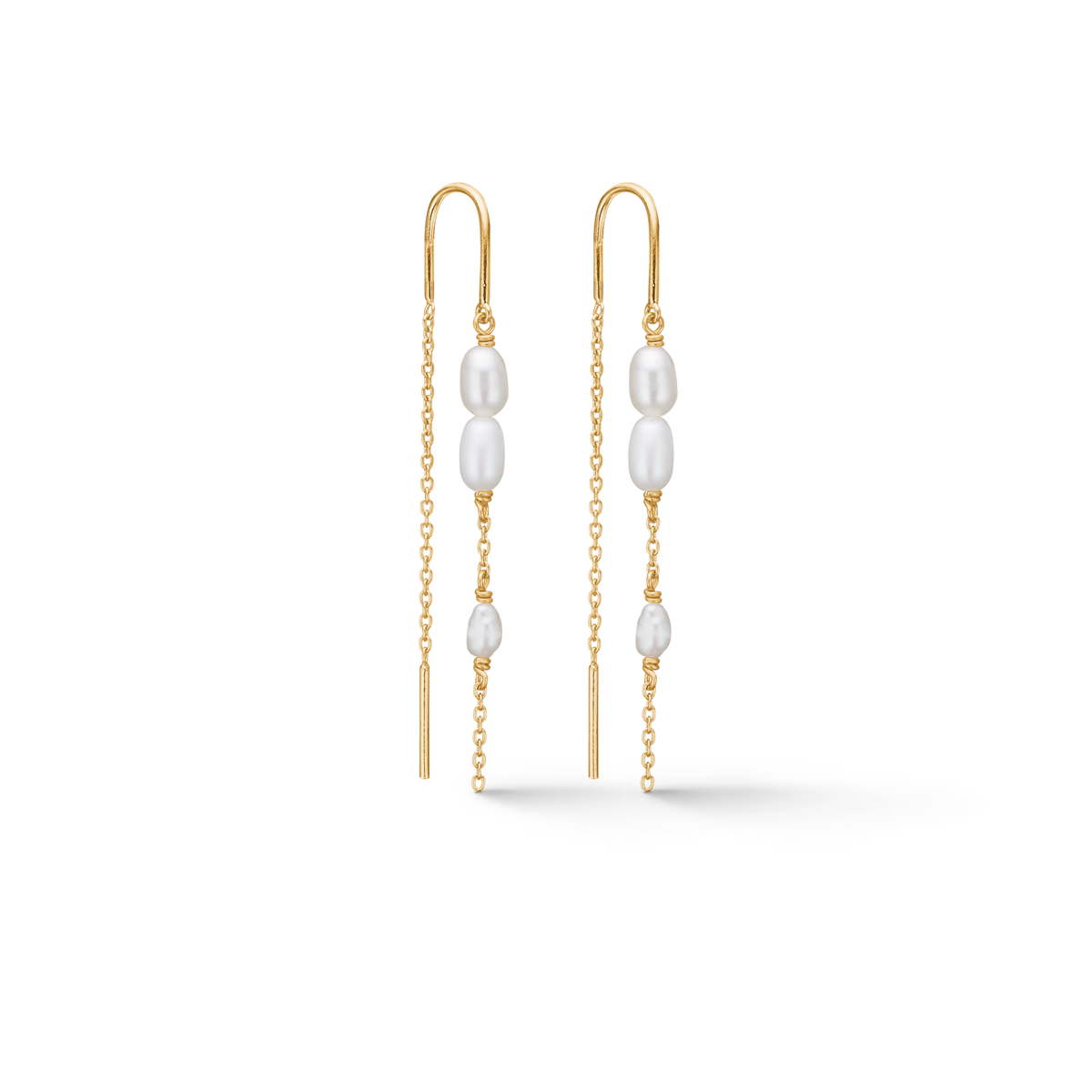 Studio Z Perma Earrings in gold-plated silver with white freshwater pearls on long, thin chains. Model 7203935-1
