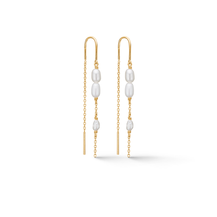 Studio Z Perma Earrings in gold-plated silver with white freshwater pearls on long, thin chains. Model 7203935-1