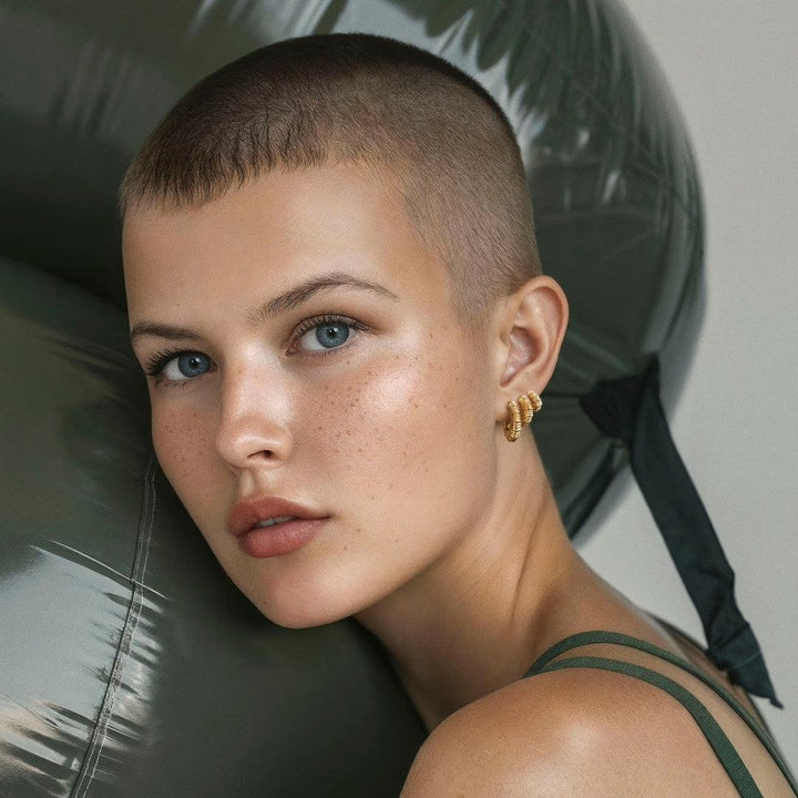 Studio Z Seashell Secrets Gold Plated Earrings Shown on Model with Short Hair, Gold Color, Model 7210906-2