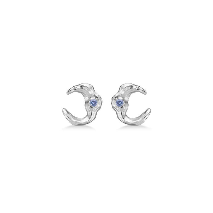 Studio Z Solv Lunar studs with blue zirconia, silver moon-shaped studs with blue stones. Model 7117881-1.