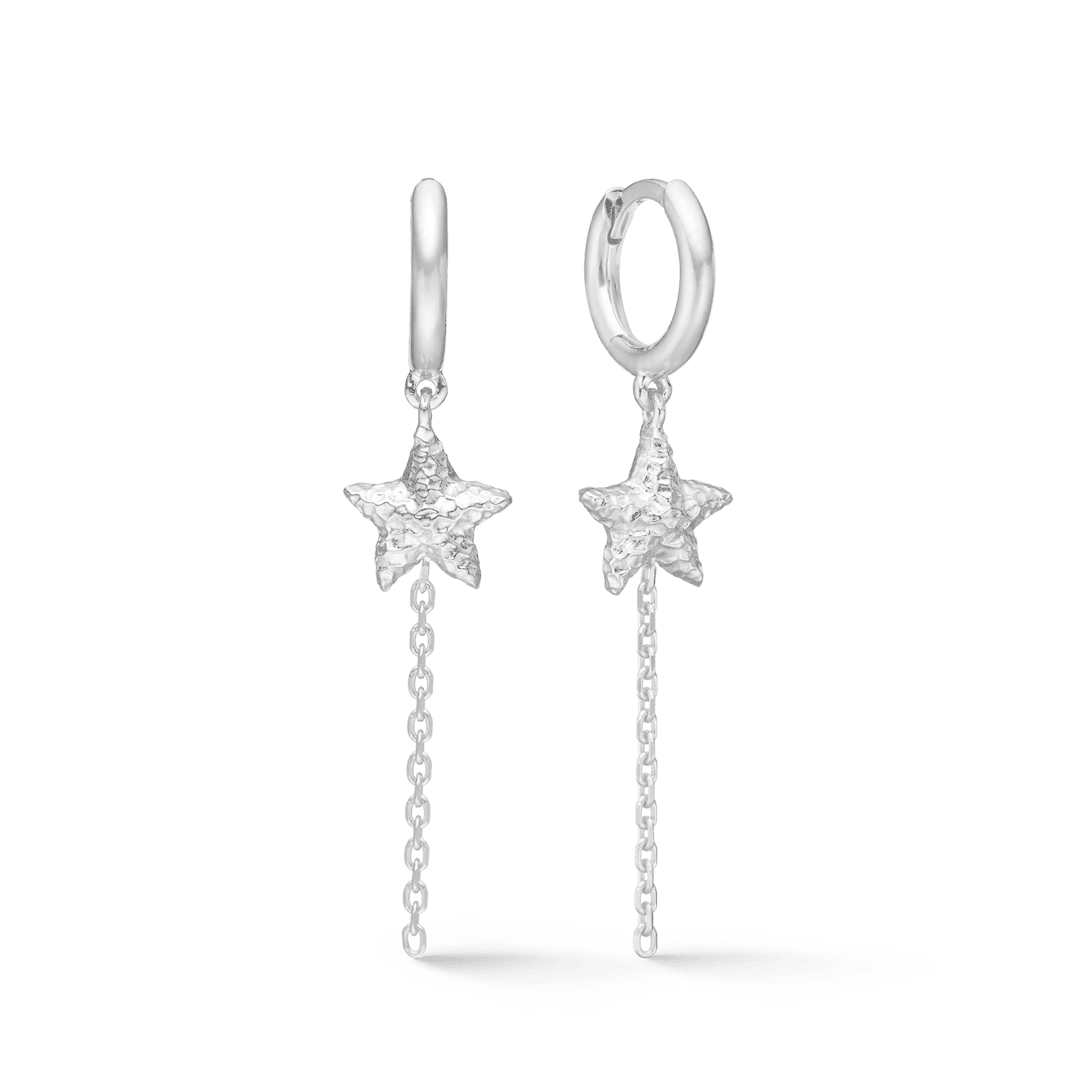Studio Z Starfish Luster Silver Creole with Starfish shows a pair of round silver earrings with star pendant and chain, Model 7110903-1.