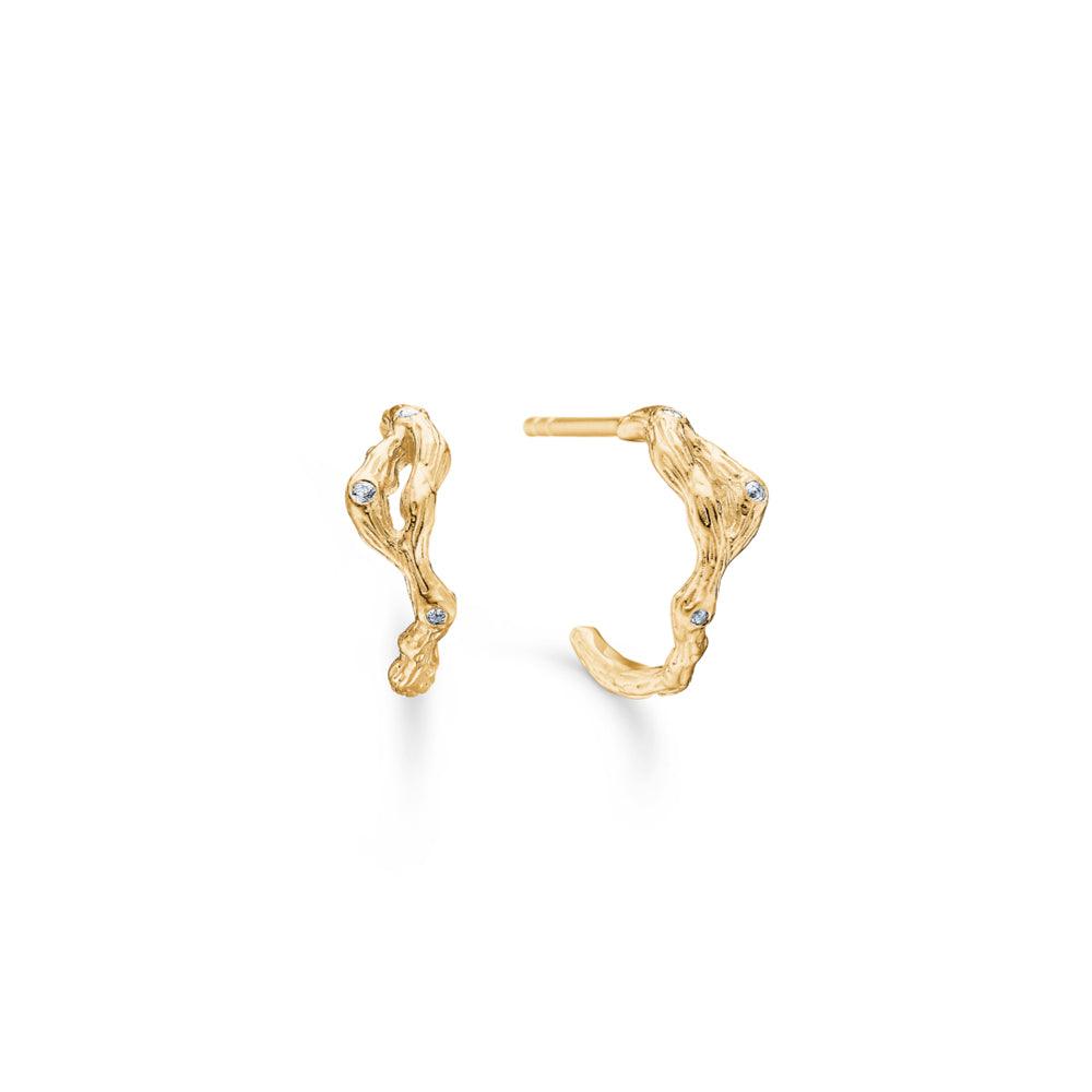 Studio Z Tangled Creole earrings in a matte gold-plated look with small clear stones on a white background. Model 7217804-7217804-1