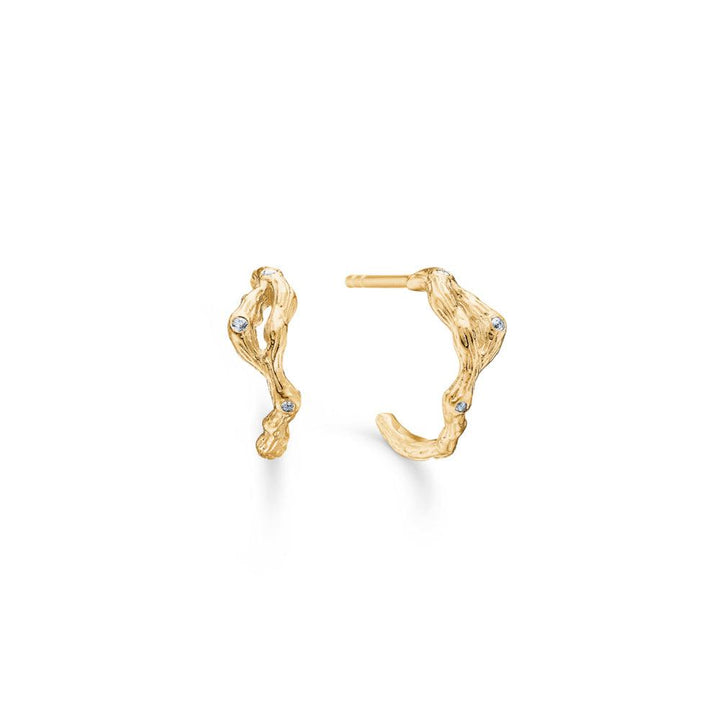 Studio Z Tangled Creole earrings in a matte gold-plated look with small clear stones on a white background. Model 7217804-7217804-1