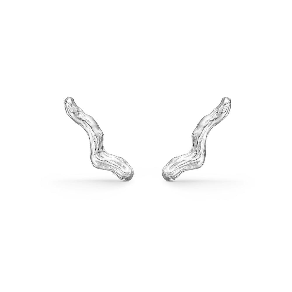 Tangled Orestik, silver colored organic earrings in a unique shape on a white background. Model 7110814.