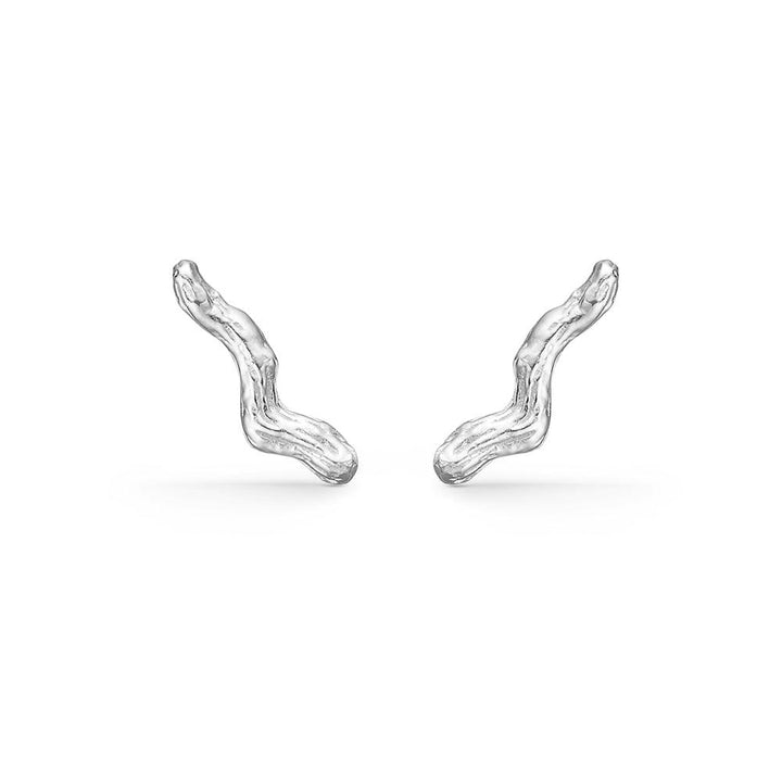 Tangled Orestik, silver colored organic earrings in a unique shape on a white background. Model 7110814.
