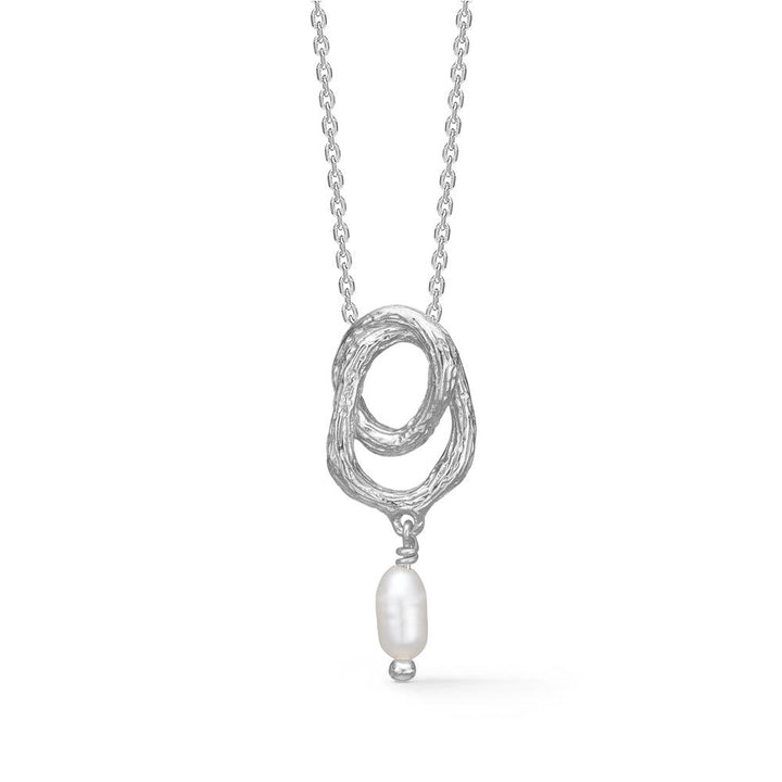 Studio Z Twine Silver Necklace with Pearl shows an organically shaped silver pendant with a single white pearl, Model 7123853-1.