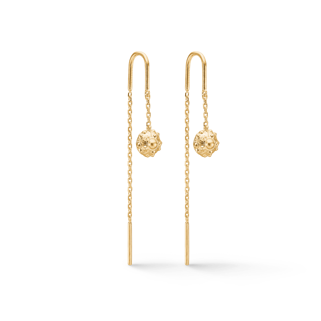 Studio Z Urchin Elegance Gold Plated Earrings with long chains and ball pendants in gold. Model 7200915.