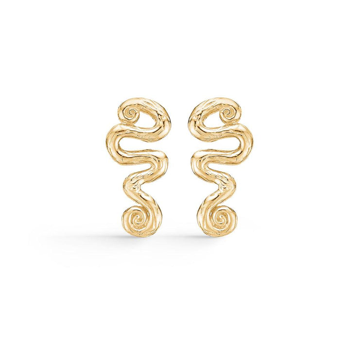 Studio Z Wave Orestik earrings in wavy, glossy gold finish, artistic design. Model 7210845-1