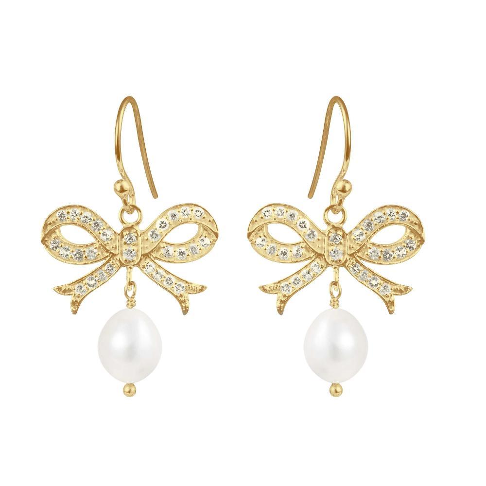 Susanne Friis Bjørner gold-plated earrings with bow, decorated with clear stones and pearls, Model 5067-2-900-1.
