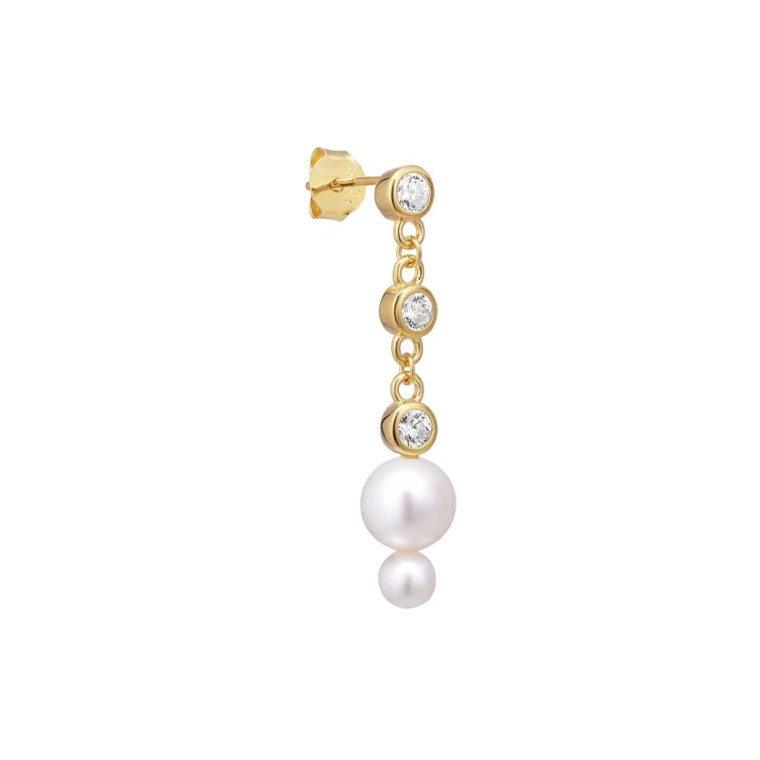 Bella Stud earrings with gold, three clear stones and two white pearls, Model FW2311-1