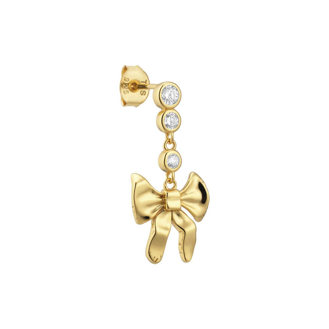 Loulou Stud, elegant gold plated ear stud with three clear stones and bow, front view. Model FW2402-1