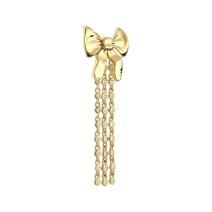 Loulou Tassel Stud features a gold-tone ear stud with bow detail and dangling chains with clear stones, Model FW2403-1.