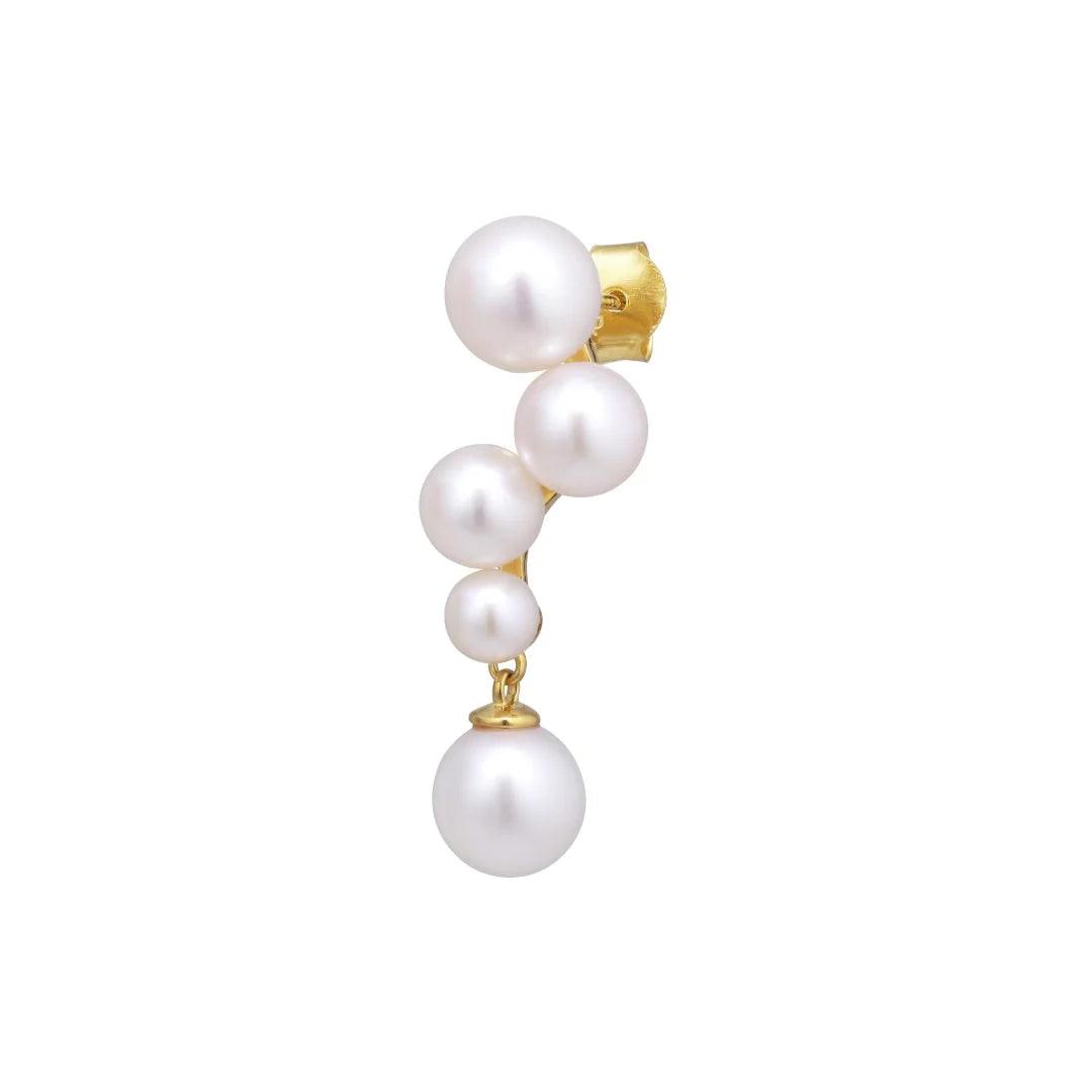 Paloma Stud Left shows an elegant ear stud with white pearls in different sizes on a gold colored stud. Model fw2310-1