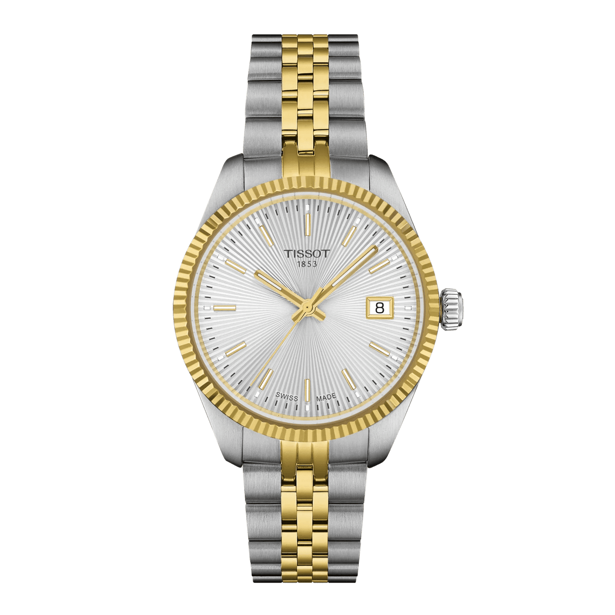Tissot Ballade 34mm PVD with guilloche silver dial, two-tone bracelet and date. Model T1562102203100