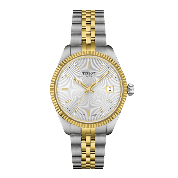 Tissot Ballade 34mm PVD with guilloche silver dial, two-tone bracelet and date. Model T1562102203100