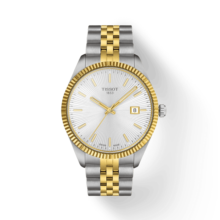 Tissot Ballade 40mm with guilloche silver dial, two-tone steel chain and golden bezel. Model T1564102203100