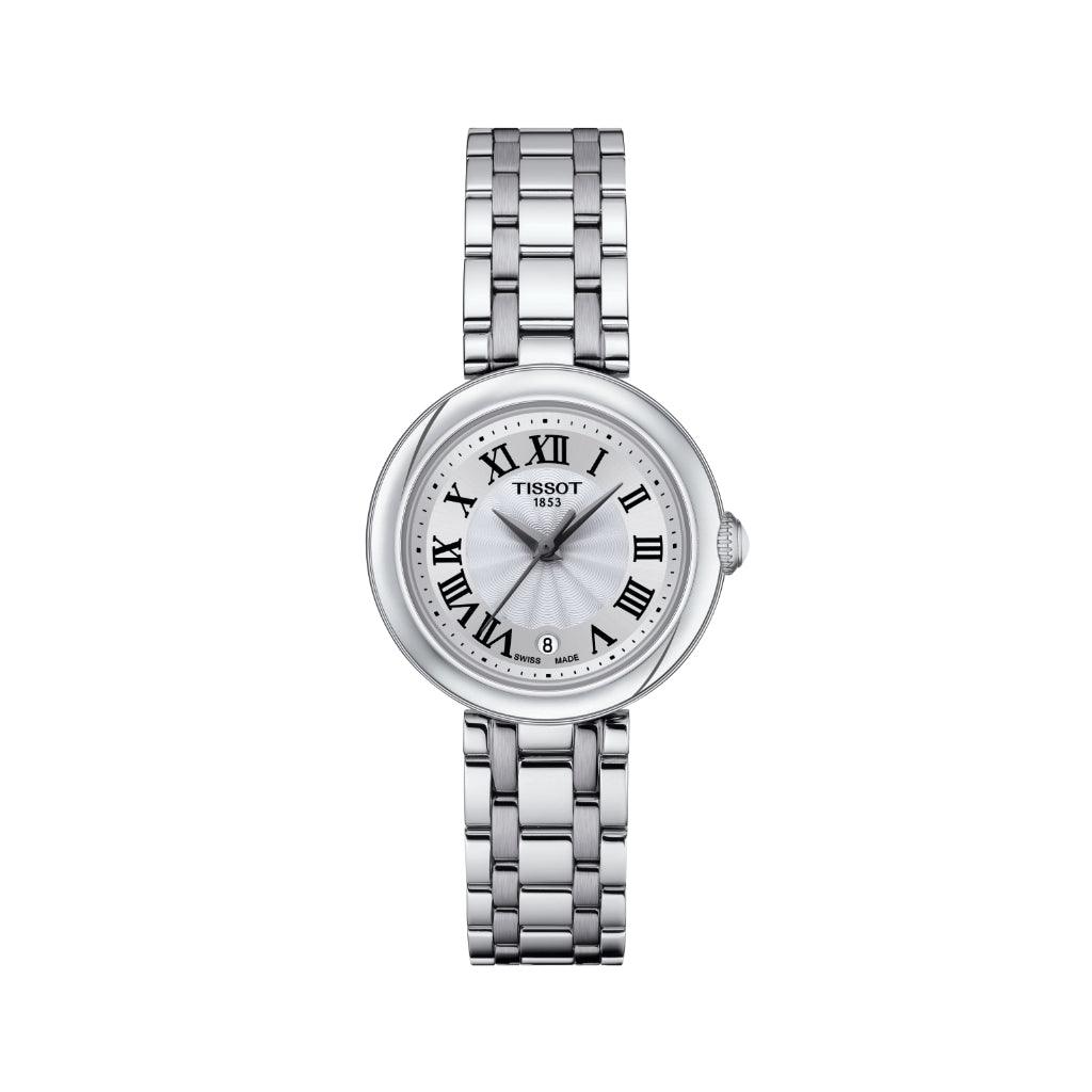 Tissot Bellissima Small Lady shows a silver watch with Roman numerals, date and elegant metal strap. Model T1260101101300