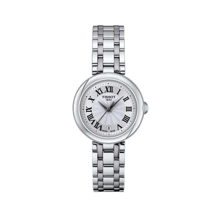 Tissot Bellissima Small Lady shows a silver watch with Roman numerals, date and elegant metal strap. Model T1260101101300
