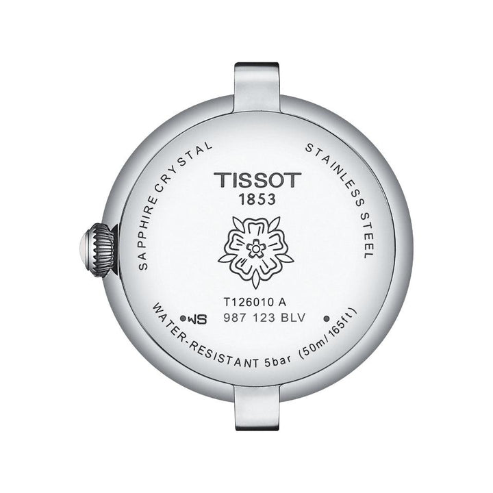 Tissot Bellissima Small Lady T1260101101300 stainless steel case back view with engraving. Model T1260101101300
