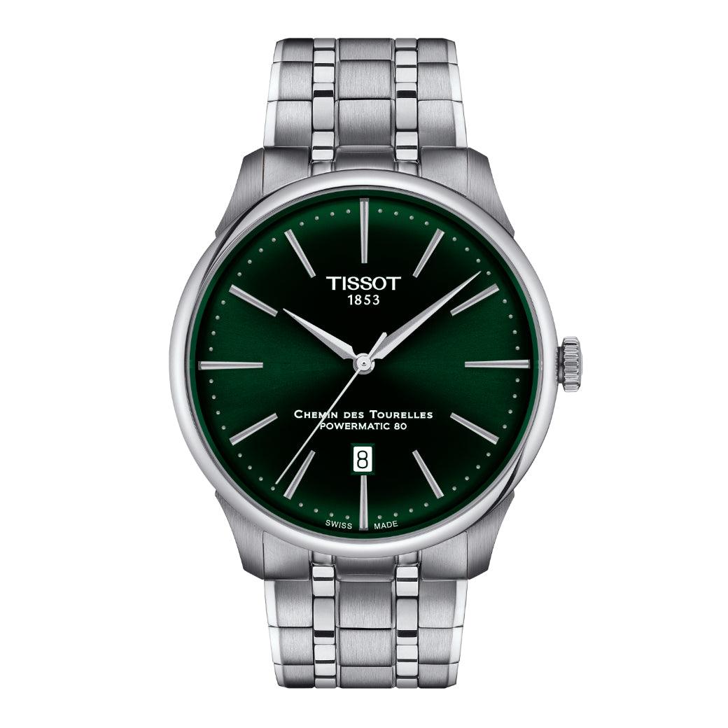 Tissot Chemin des Tourelles Powermatic 80 42 mm with green dial and steel strap, Model T1394071109100