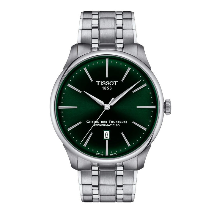 Tissot Chemin des Tourelles Powermatic 80 42 mm with green dial and steel strap, Model T1394071109100