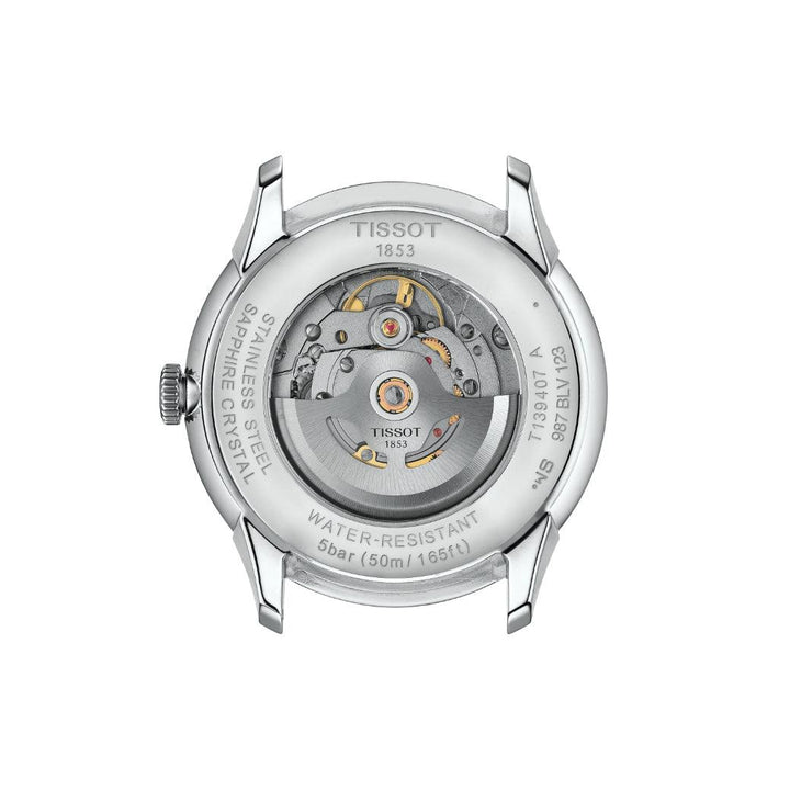 Tissot Chemin des Tourelles Powermatic 80 42 mm shows transparent case back in steel. Model T1394071109100