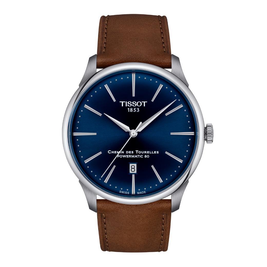 Tissot Chemin des Tourelles Powermatic 80 42 mm with blue dial and brown leather strap, Model T1394071604100.