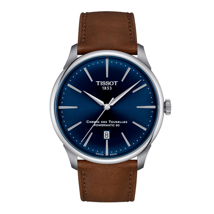 Tissot Chemin des Tourelles Powermatic 80 42 mm with blue dial and brown leather strap, Model T1394071604100.