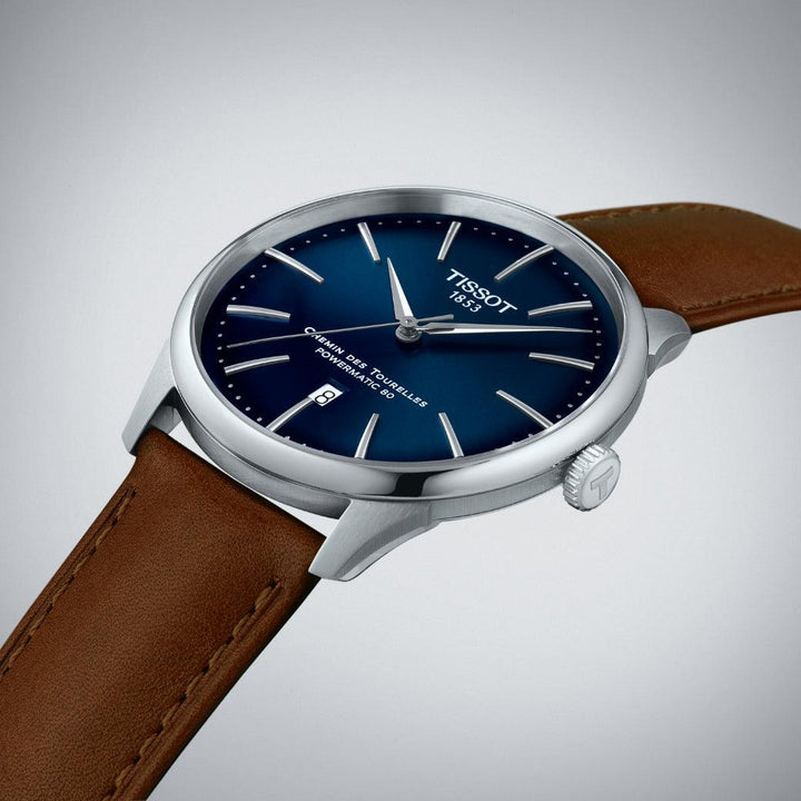 Tissot Chemin des Tourelles Powermatic 80 42 mm men's watch with blue dial and brown leather strap. Model t1394071604100.