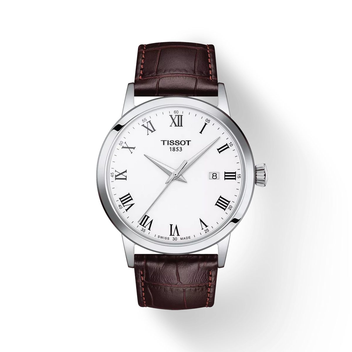 Tissot Classic Dream 42mm with white dial, Roman numerals and brown leather strap. Model T1294101601300.