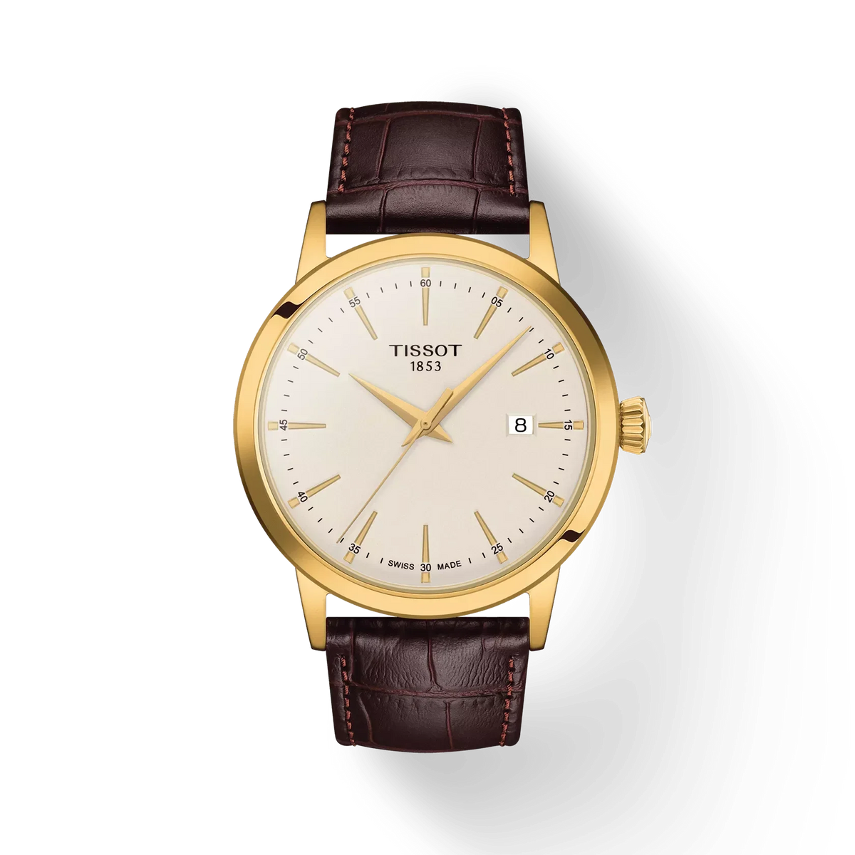 Tissot Classic Dream 42mm Gold PVD with Brown Leather Strap, Elegant Dial, Model T1294103626100