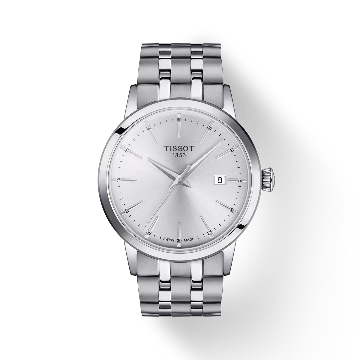 Tissot Classic Dream 42mm steel wristwatch with silver dial and date display. Model T1294101103100