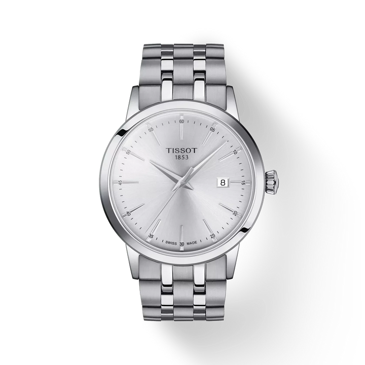 Tissot Classic Dream 42mm steel wristwatch with silver dial and date display. Model T1294101103100
