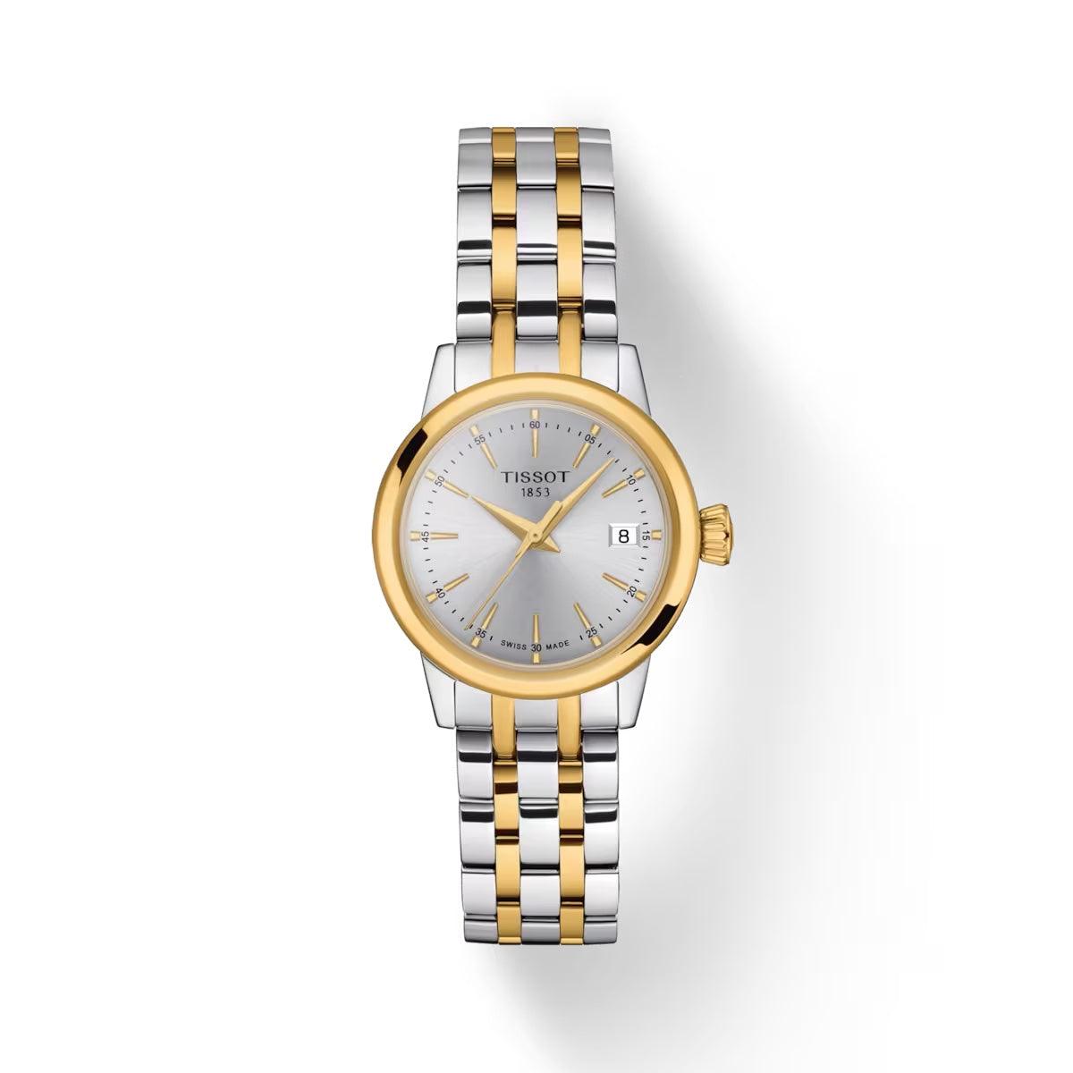 Tissot Classic Dream Lady gold PVD shows elegant two-tone ladies watch with silver dial and date. Model T1292102203100