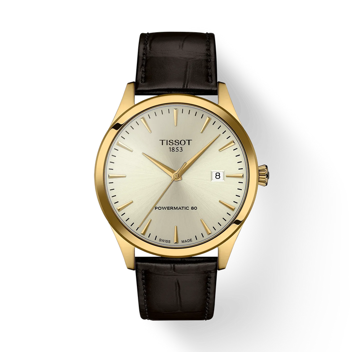 Tissot Classic Dream Powermatic 80 watch with gold-colored case and brown leather strap, Model T1584073626100.
