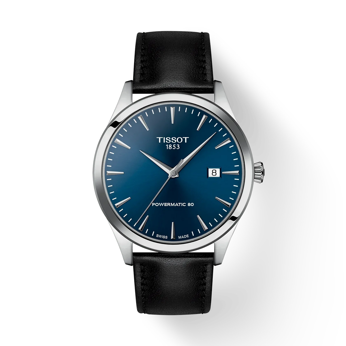 Tissot Classic Dream Powermatic 80 with blue dial and black leather strap, Model T1584071604100