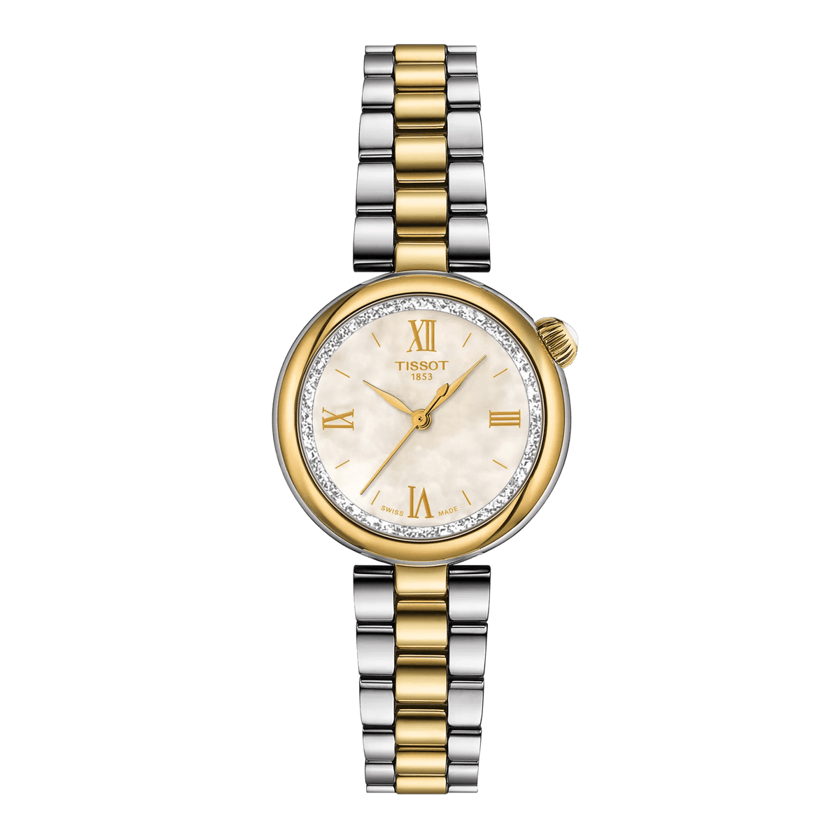 Tissot Desir 28mm PVD with mother-of-pearl dial, two-tone steel bracelet and gold-tone details. Model T1520102211801