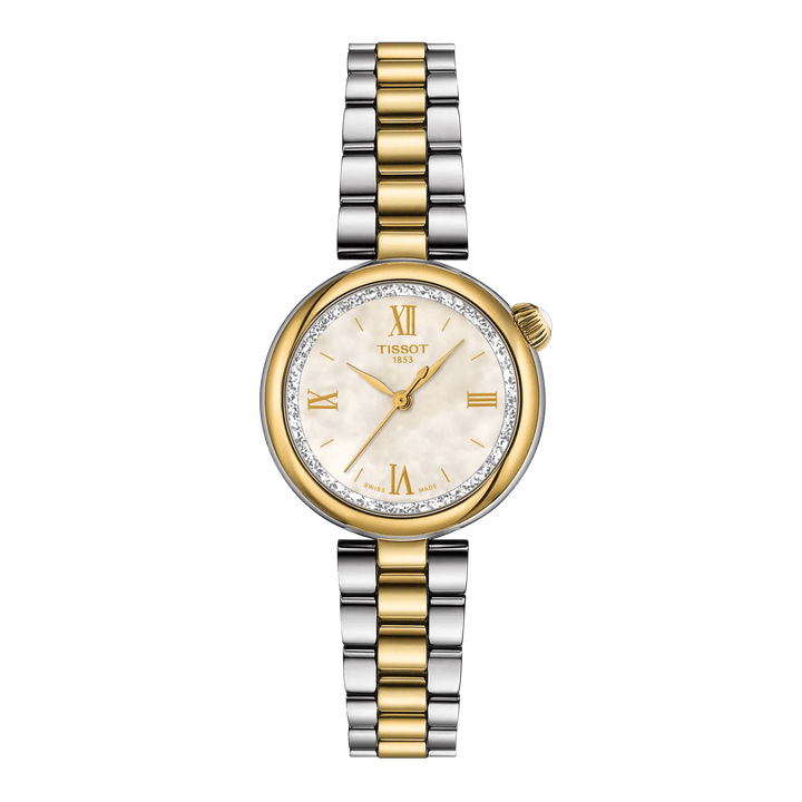 Tissot Desir 28mm PVD with mother-of-pearl dial, two-tone steel bracelet and gold-tone details. Model T1520102211801
