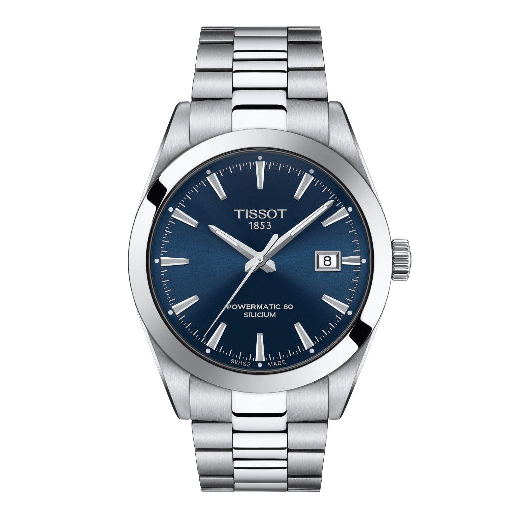 Tissot Gentleman Powermatic 80 Silicon men's watch with blue dial and steel chain, Model T1274071104100.