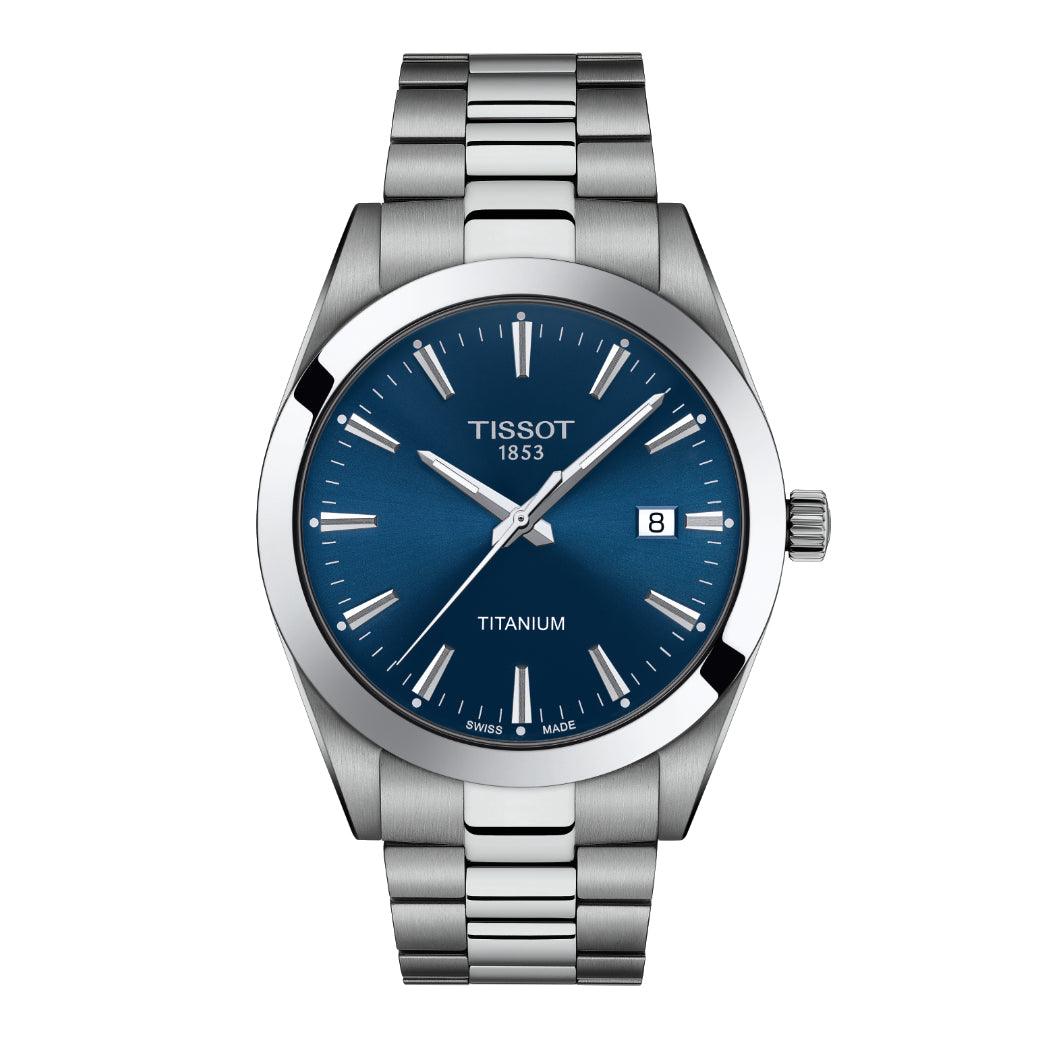 Tissot Gentleman Titanium T1274104404100 with blue dial and silver chain. Model T1274104404100