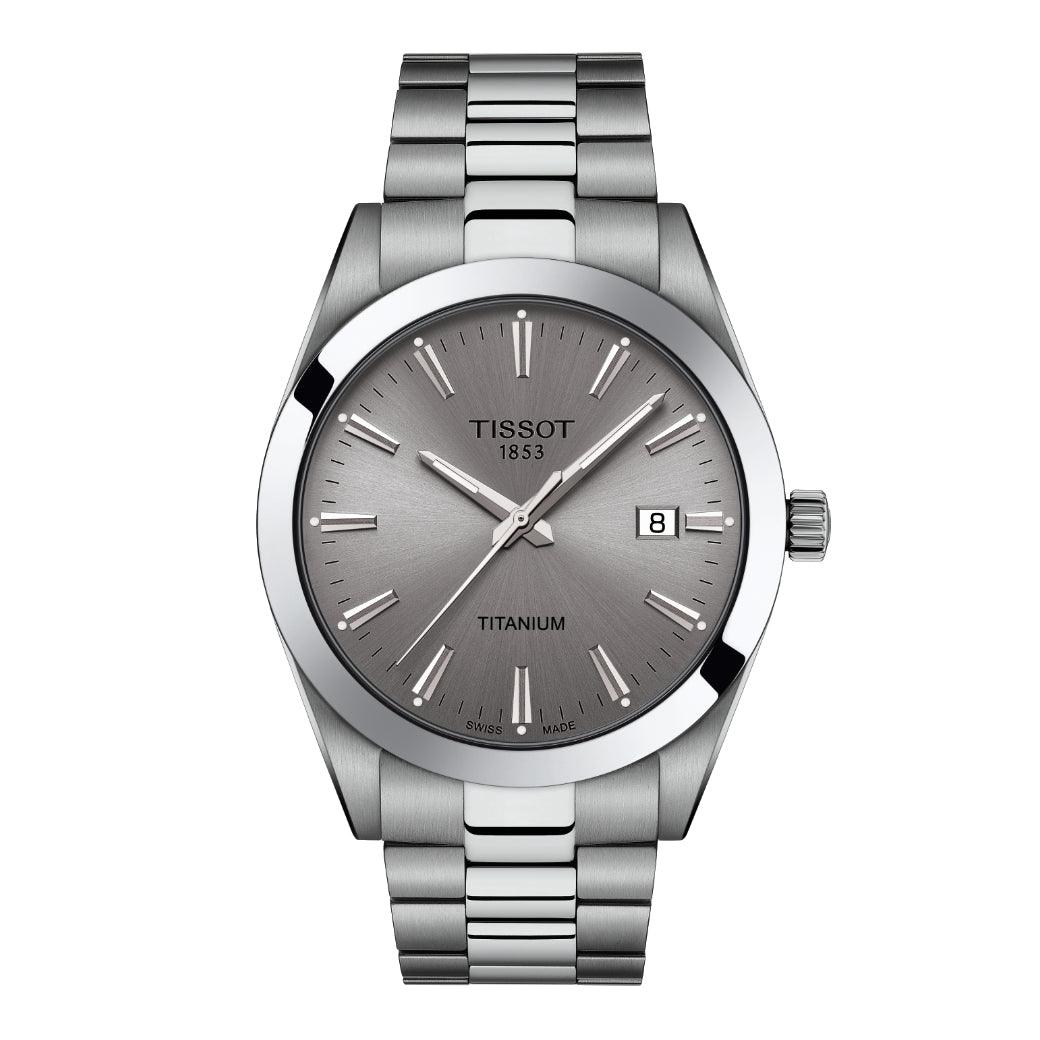 Tissot Gentleman Titanium with gray dial, steel chain and clear date display. Model T1274104408100.