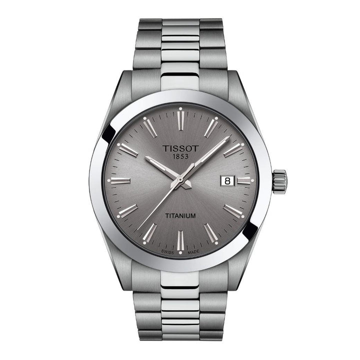 Tissot Gentleman Titanium with gray dial, steel chain and clear date display. Model T1274104408100.