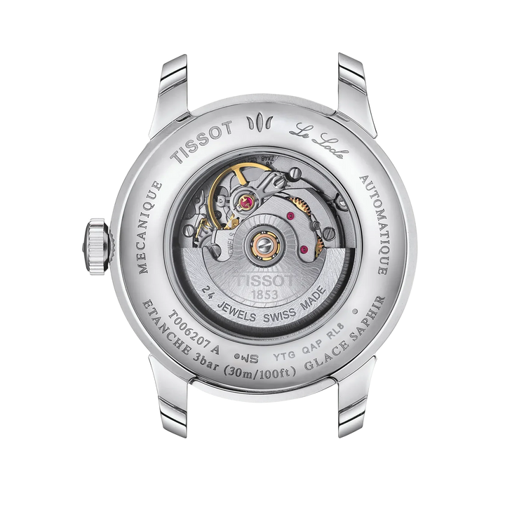 Tissot Le Locle 29mm bla leather strap diamonds, steel case back with visible automatic movement.