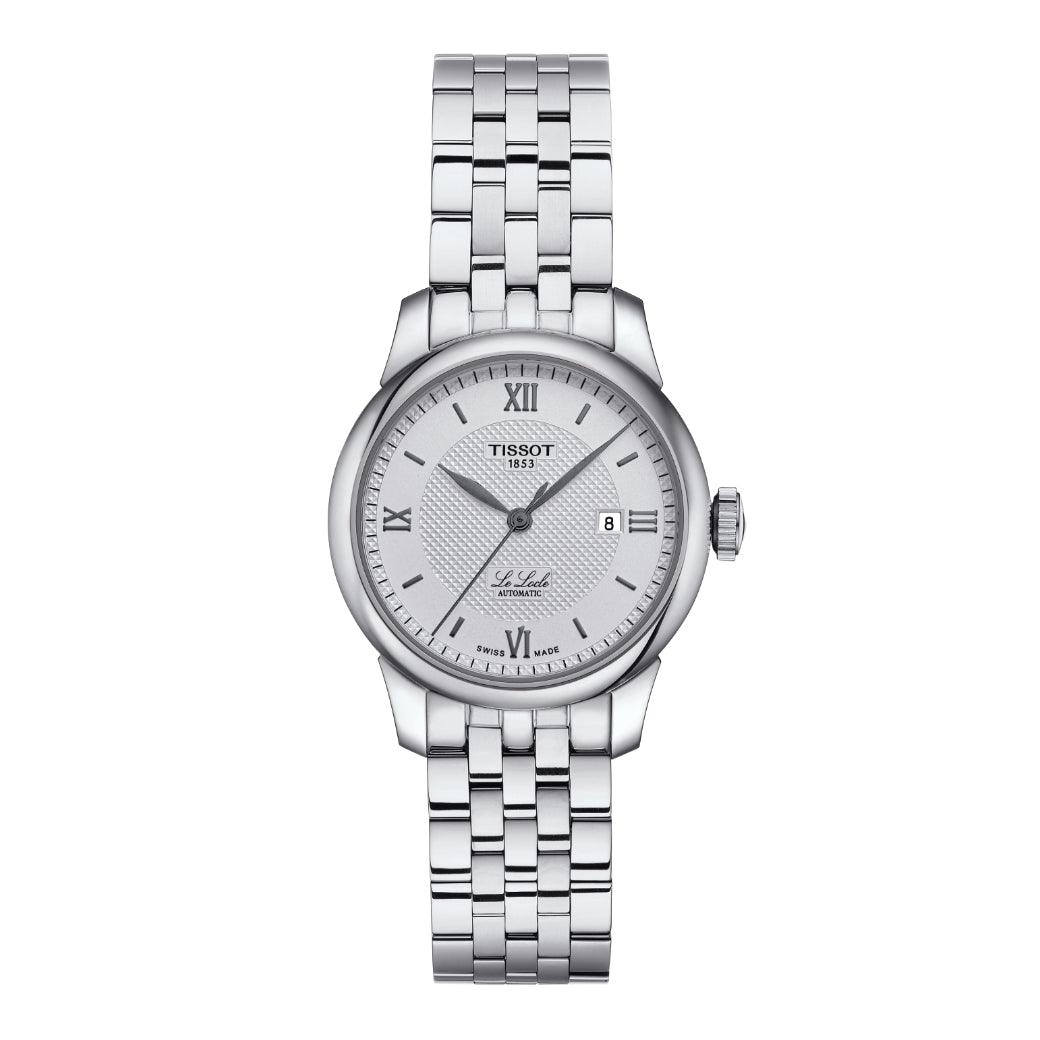 Tissot Le Locle Automatic Lady 29mm shows an elegant silver ladies watch in steel with Roman numerals. Model T0062071103800.