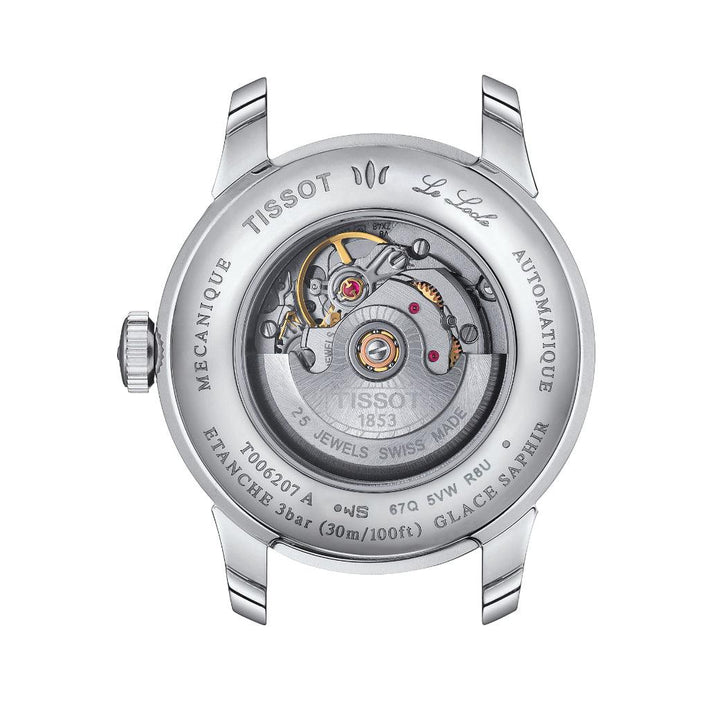 Tissot Le Locle Automatic Lady 29 mm shows the case back in silver with visible automatic movement and engravings.
